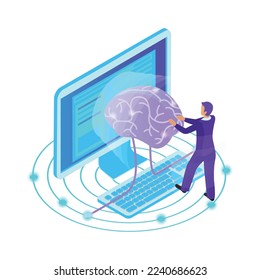 Artificial intelligence isometric composition with isolated ai glow image of brain with electronic gadgets and business people vector illustration