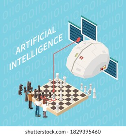 Artificial intelligence isometric composition with tech brain image playing chess with group of scientists with text vector illustration