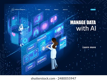 Artificial intelligence is isometric. A female doctor makes a request to artificial intelligence about the patient's card and looks through the tests. Manage