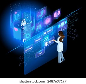 Artificial Intelligence Isometric. Female doctor makes a request to Artificial Intelligence about the patient's card and looks at the tests. AI in medicine