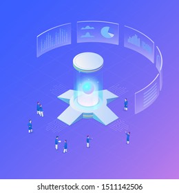 Artificial intelligence Isometric Flat vector concept AI, Powerful Server Big Data Computer, Blockchain data mining, Neural network abstract object illustration.