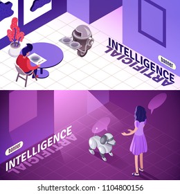 Artificial intelligence isometric horizontal banners with machine waiter, child playing with robotic dog isolated vector illustration  