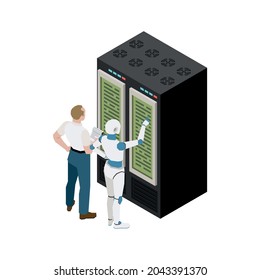 Artificial Intelligence Isometric Icon With Man Robot And Data Center On White Background Vector Illustration