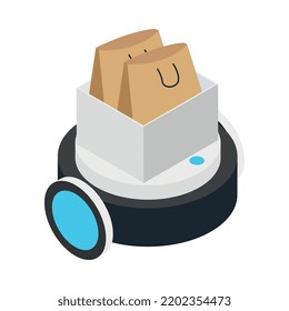 Icono isométrico de inteligencia artificial con robot que entrega bolsas 3d ilustración vectorial