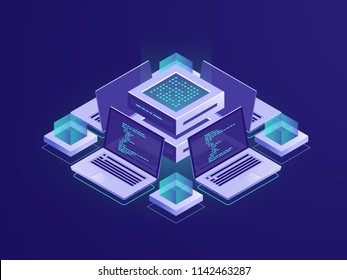 Artificial Intelligence Isometric Icon, Server Room, Datacenter And Database Concept, Code Repository Access, Programm App Development Vector Neon Dark