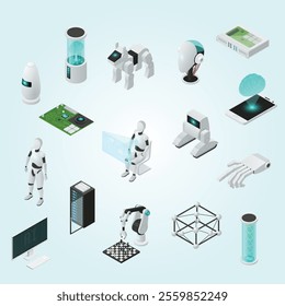artificial intelligence isometric icon set with electronics and new technologies in human life