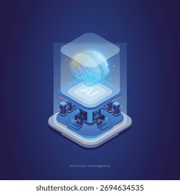 Ilustración isométrica de inteligencia artificial con chip o circuito de procesador, cerebro neuronal, big data o base de datos, programación analítica y portátil