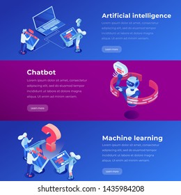 Artificial intelligence isometric landing page template. Machine learning, software application, ai website steps vector layout. Virtual assistant 3d concept illustration