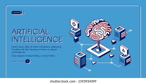 Artificial intelligence isometric landing page human brain surrounded with cubic shape AI processor chips with digital neurons network. Future innovation 3d vector illustration, line art web banner