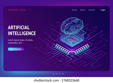 Artificial intelligence isometric landing page, ai technologies, glowing human brain levitate on antigravity platform with microcircuits on neon glowing futuristic background, 3d vector web banner