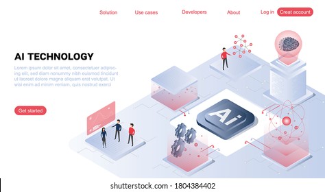 Artificial intelligence isometric landing page, ai technologies, glowing human brain levitate on antigravity platform with microcircuits on neon glowing futuristic background