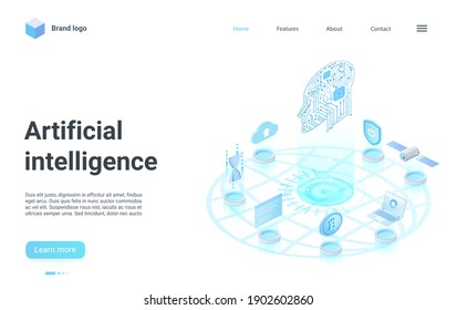 Artificial Intelligence Isometric Landing Page Design, Cartoon 3d Abstract Human Head, Digital Brain Connecting To Internet Network, Cloud Data Web Storage, Ai Neural Connection Vector Illustration