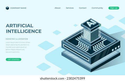 Artificial intelligence isometric landing page. Artificial intelligence chip. Machine learning technology. Vector illustration