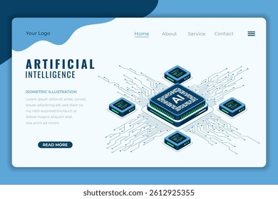 Artificial intelligence isometric landing page. AI technology. Artificial intelligence chip. Machine learning technology concept. Isometric technology