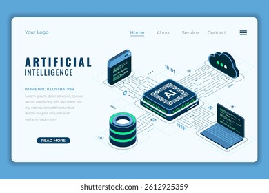 Artificial intelligence isometric landing page. AI technology. Artificial intelligence chip. Machine learning technology concept. Isometric technology