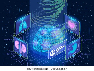 Artificial Intelligence Isometric. Megamind manages an array of medical data by downloading it from the Internet. Powerful Artificial Intelligence