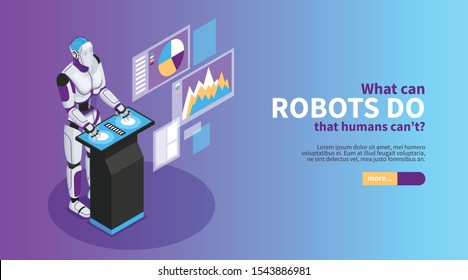 Artificial intelligence  isometric poster with robot benefits symbols  vector illustration