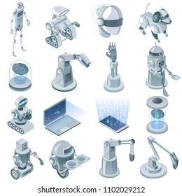 Artificial intelligence isometric set with signs of domestic robots and devices for virtual reality technology isolated vector illustration 