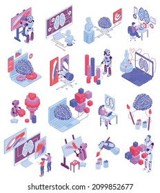 Artificial intelligence isometric set with tools for generate ai art and abstract images created by robots isolated vector illustration