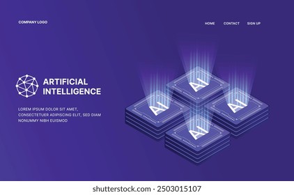 Artificial Intelligence, Isometric Vector banner for AI, Deep Learning, Machine Learning, and Technological Digital Brain Concepts,isometric banner,AI isometric, AI learning machine, ai icon.
