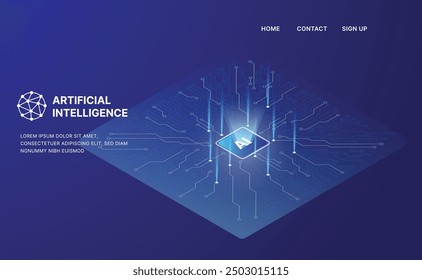 Artificial Intelligence, Isometric Vector banner for AI, Deep Learning, Machine Learning, and Technological Digital Brain Concepts,isometric banner,AI isometric, AI learning machine, ai icon.
