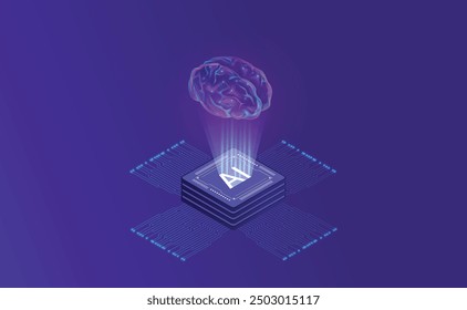 Artificial Intelligence, Isometric Vector banner for AI, Deep Learning, Machine Learning, and Technological Digital Brain Concepts,isometric banner,AI isometric, AI learning machine, ai icon.
