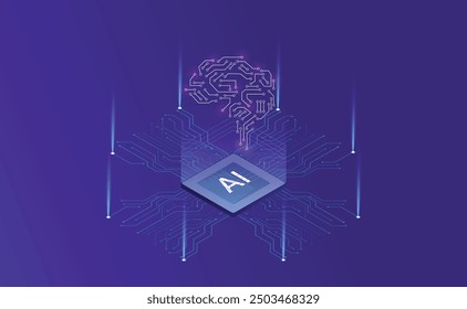 Artificial Intelligence, Isometric Vector banner for AI, Deep Learning, Machine Learning, and Technological Digital Brain Concepts,isometric banner,AI isometric, AI learning machine, ai icon.