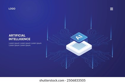 Artificial Intelligence, Isometric Vector banner for AI, Deep Learning, Machine Learning, and Technological Digital Brain Concepts,isometric banner,AI isometric, AI learning machine, ai icon.