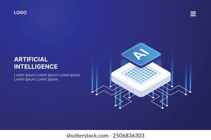 Artificial Intelligence, Isometric Vector banner for AI, Deep Learning, Machine Learning, and Technological Digital Brain Concepts,isometric banner,AI isometric, AI learning machine, ai icon.