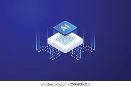 Artificial Intelligence, Isometric Vector banner for AI, Deep Learning, Machine Learning, and Technological Digital Brain Concepts,isometric banner,AI isometric, AI learning machine, ai icon.