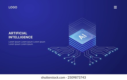 Artificial Intelligence, Isometric Vector banner for AI, Deep Learning, Machine Learning, and Technological Digital Brain Concepts,isometric banner,AI isometric, AI learning machine, ai icon.