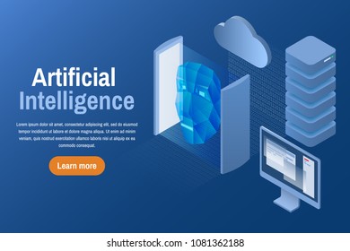 Artificial intelligence. Isometric vector illustration. Learning machine with human face. AI techniques and computer science.