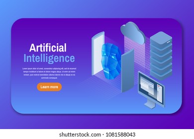 Artificial intelligence. Isometric vector illustration. Learning machine with human face. AI techniques and computer science.