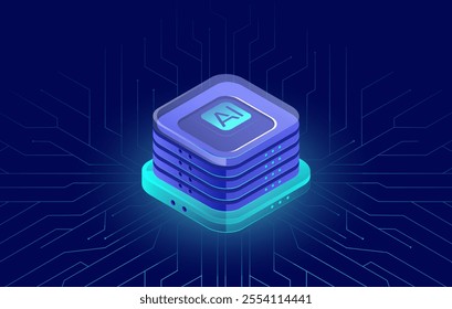 Artificial Intelligence isometric Vector Landing Page, AI Deep Learning, Machine Learning, technological Digital Brain Concepts, AI chipset on circuit board, neon blue illustration