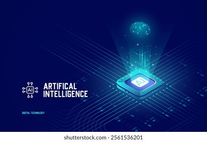 Artificial Intelligence, Isometric Vector Landing Page for AI, Deep Learning, Machine Learning, and Technological Digital Brain Concepts, Chip and circuit board blue background technology. CPU