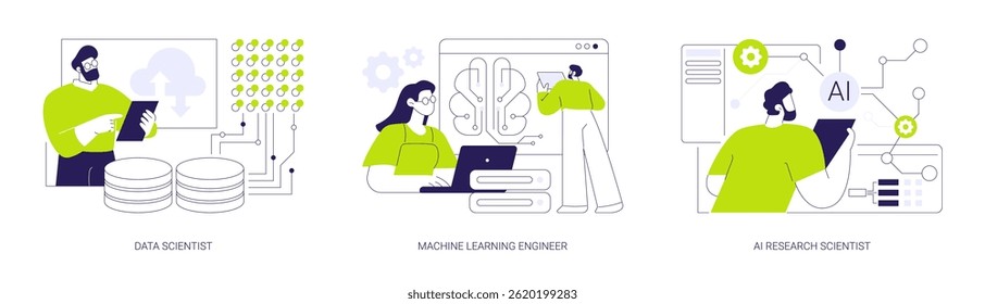 Artificial Intelligence jobs abstract concept vector illustration set. Scientist working with big data, machine learning engineer, AI architect discuss project, computing research abstract metaphor.