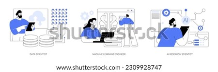 Artificial Intelligence jobs abstract concept vector illustration set. Scientist working with big data, machine learning engineer, AI architect discuss project, computing research abstract metaphor.