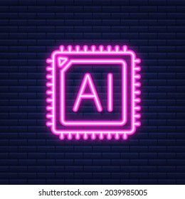 Artificial Intelligence landing page. Ai icon. Vector illustration. Neon icon.