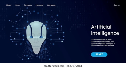 Artificial intelligence landing page background concept or hero banner design with digital humanoid face or cyber head vector illustration. Website template