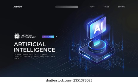 Artificial Intelligence landing page banner, Deep learning machine learning, Technology clouds digital futuristic AI computer concept, 3D or Isometric vector style business web