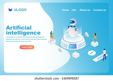 Artificial intelligence landing page concept. Isometric humans teamwork on futuristic laboratory with high technology robot. Business and financial strategy for successfully.
