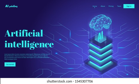 Artificial intelligence landing page header concept. Technology and engineering isometric illustration. Web site banner.
