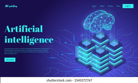Artificial intelligence landing page header concept with digital brain and neural network. Isometric 3d illustration with modern data storage.
