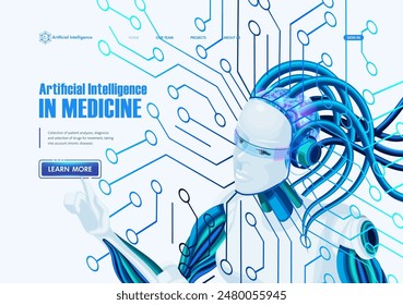 Inteligencia Artificial Landing page Isométrica. IA de aprendizaje automático profundo. Robot femenino con inteligencia artificial incorporada. Página de inicio del Sitio web médico