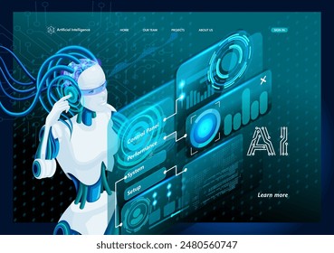 Artificial Intelligence Landing page Isometric. Mechanized industry robot. Concept of artificial intelligence for industrial revolution and automation.