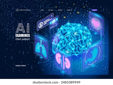 Artificial Intelligence Landing page Isometric, Deep machine learning AI. AI examines chart patient. Patient Data Management