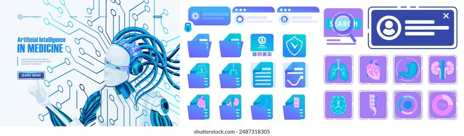 Inteligencia Artificial Landing page Isométrica. IA de aprendizaje automático profundo. Robot femenino con inteligencia artificial incorporada. Página principal de la página médica