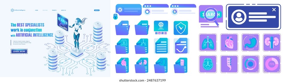 Artificial Intelligence Landing page Isometric. The best specialists work in conjunction with Artificial Intelligence. Page Our Team of the medical