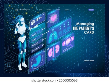 Artificial Intelligence Landing page Isometric. Managing the patient's card. Research of a patient's diseases with Artificial Intelligence.