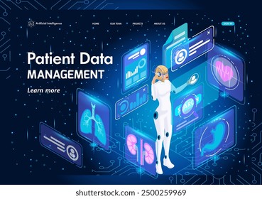 Artificial Intelligence Landing page Isometric. Deep machine learning AI. AI in medicine. AI examines chart patient. Patient Data Management.